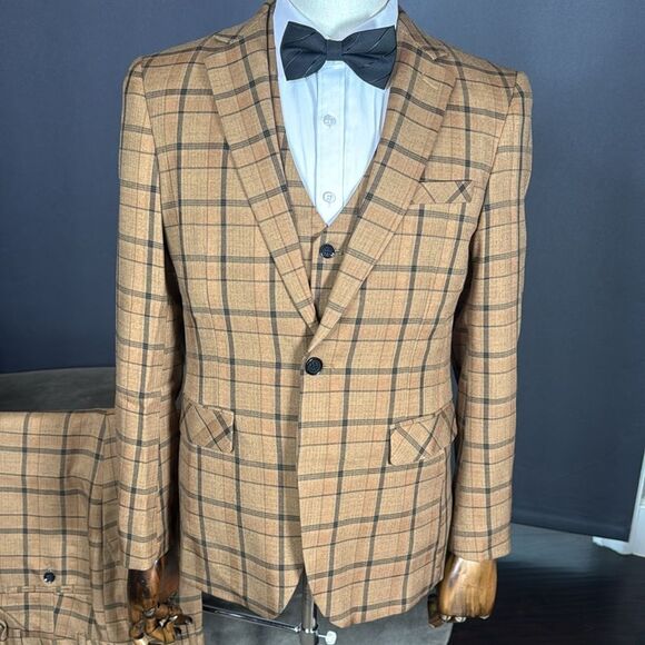 Men’s Brown Plaid 3 Piece Suit One Button Notched Lapel 32 Jacket 30 Pants NWT - Picture 15 of 16